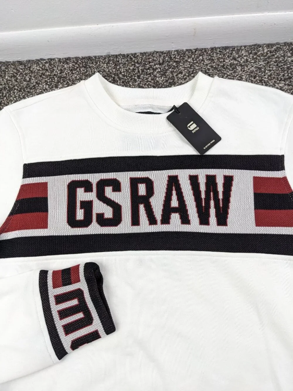 NWT G-Star Raw Sweater Jacquard GSRAW Spellout Off White Mens Small *Flaw - Picture 1 of 11